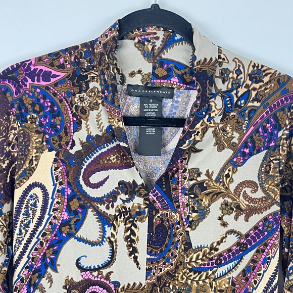Grace Elements Top Blouse Size S Multicolor 3/4 Sleeve Paisley Polyester Spandex - Picture 2 of 9
